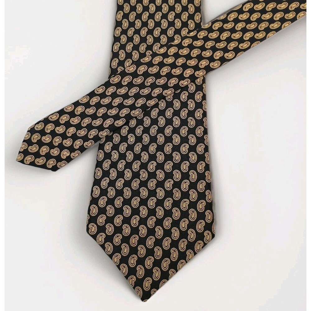 LANVIN Paris 100% Silk Made in France Black & Gold Paisley Designer Neck Tie 56"